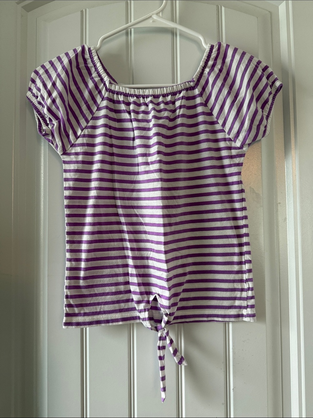 Gently worn Purple & White Striped Tie-Front Short Sleeve Top